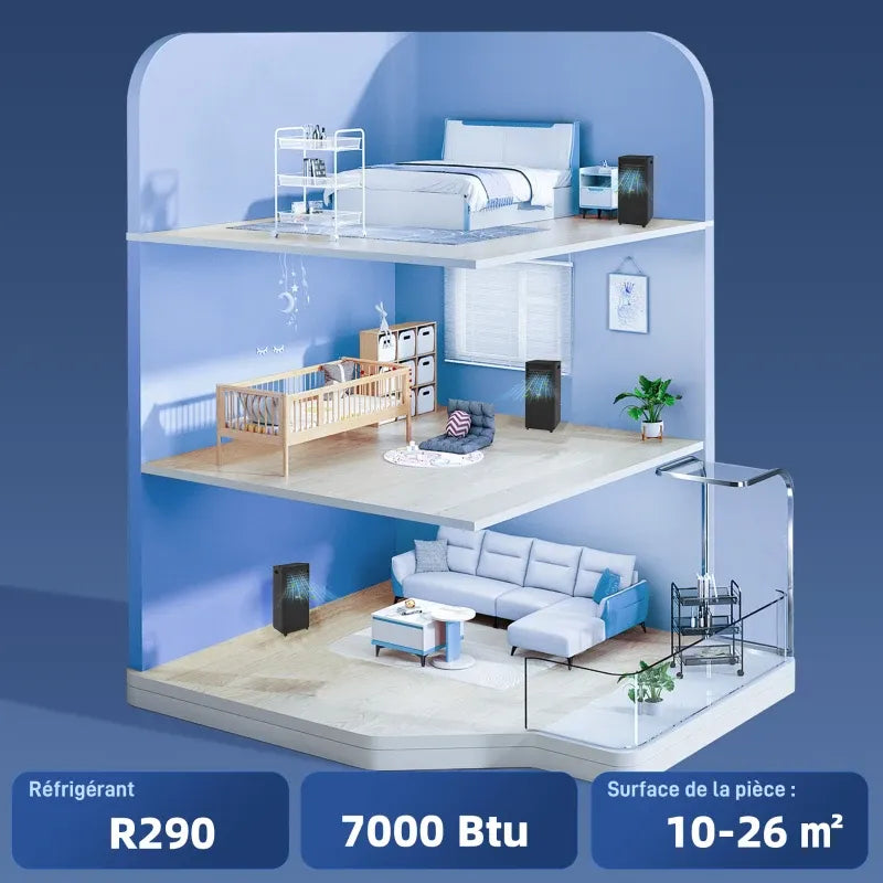 HOMCOM Climatiseur mobile 7000 BTU avec télécommande, minuterie 24H, jusqu'à 26 m², classe énergétique A, noir